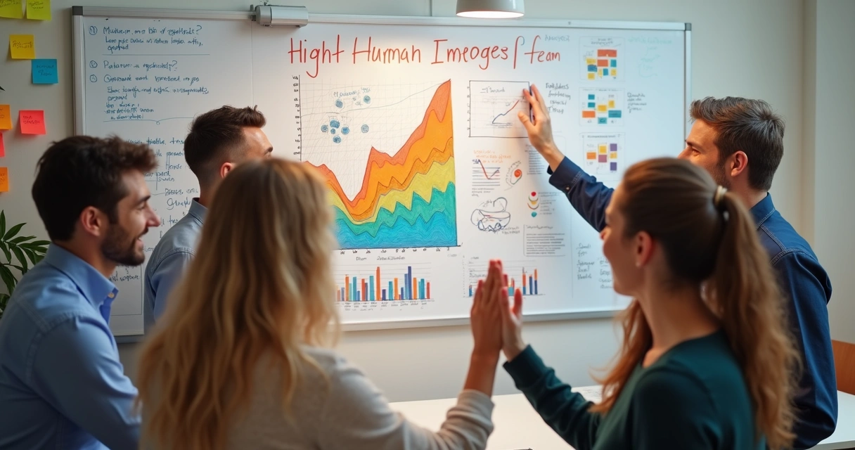 Gráfica colorida mostrando impacto humano y equipo de trabajo motivado 