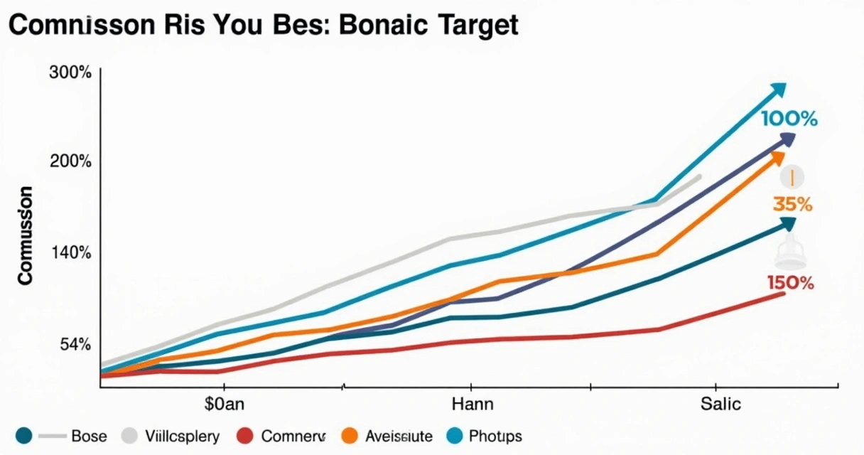 Gráfico de faixas de comissão mostrando aceleradores ao ultrapassar metas de vendas. 