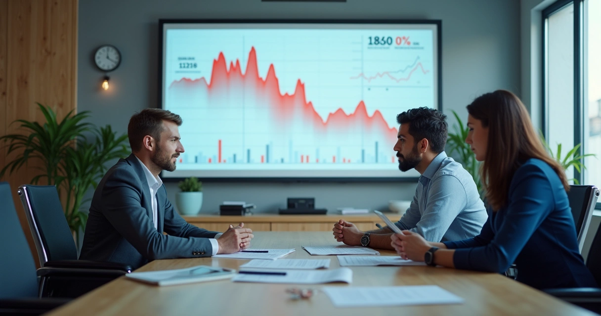 Gráfico financeiro com seta em queda e alertas vermelhos 