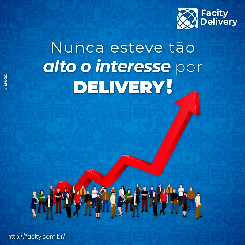 Gráfico vermelho em alta com pessoas e texto sobre interesse em delivery