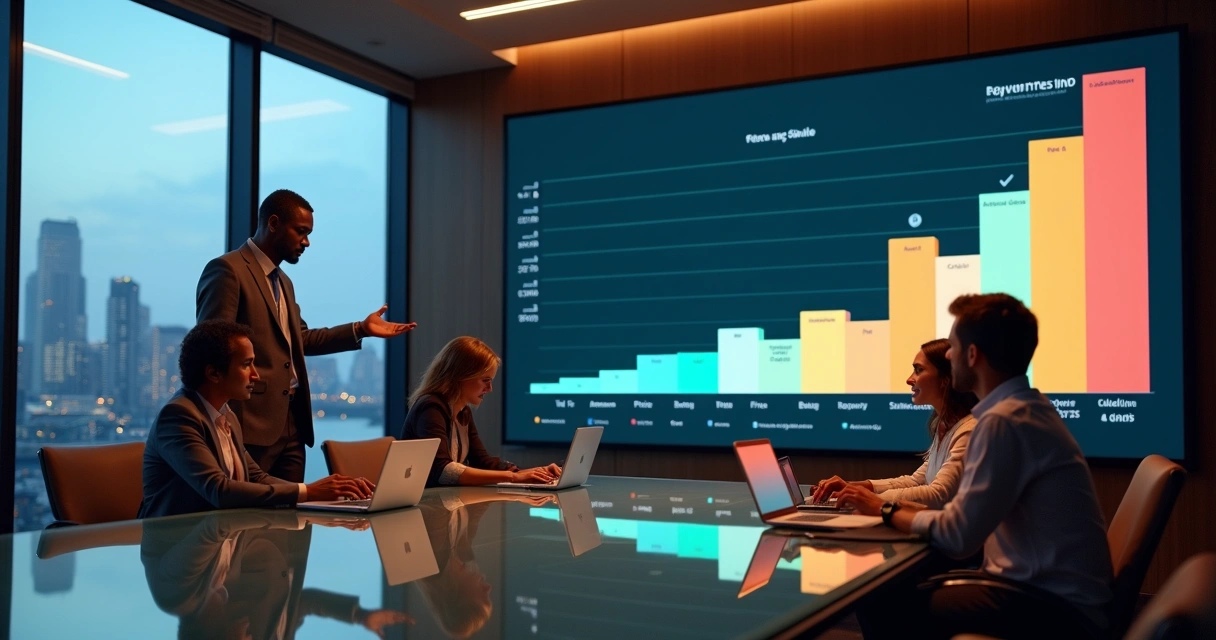 Gráfico financeiro em tela gigante mostrando amortização bullet ao lado de pessoas de negócios em reunião 