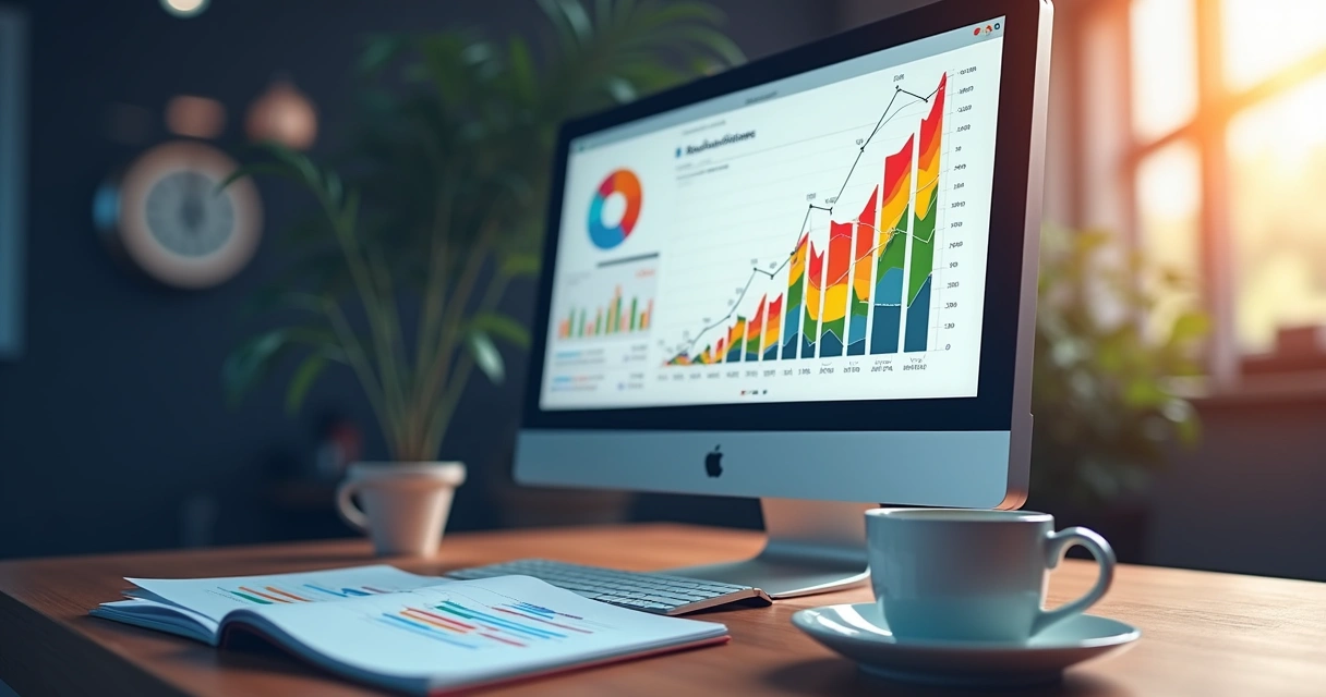 Gráfico colorido de tendência de vendas em tela de computador com relatórios 