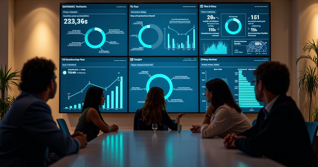 Dashboards coloridos mostrando funil de vendas e KPIs B2B 