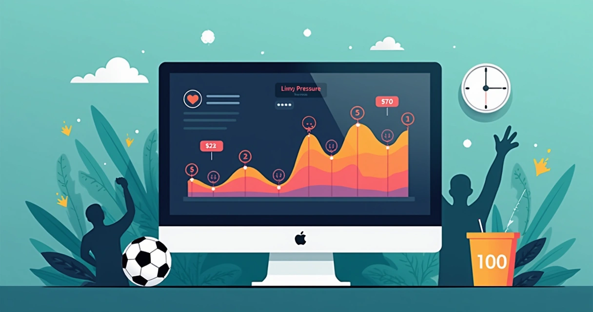 Gráfico de pressão em jogo de futebol ao vivo com linha de tempo e destaques nos momentos de ataque