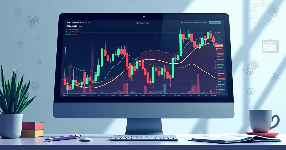 Gráfico colorido de desempenho de estratégia de criptomoedas em tela de computador