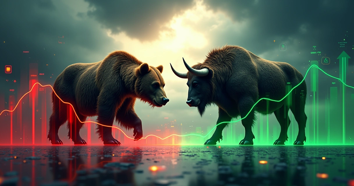 Gráfico financeiro com representações realistas de um urso e um touro simbolizando bear market e bull market 
