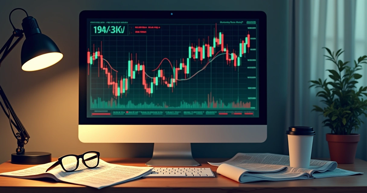 Tela de computador mostrando gráfico da bolsa, jornais de política espalhados ao redor 