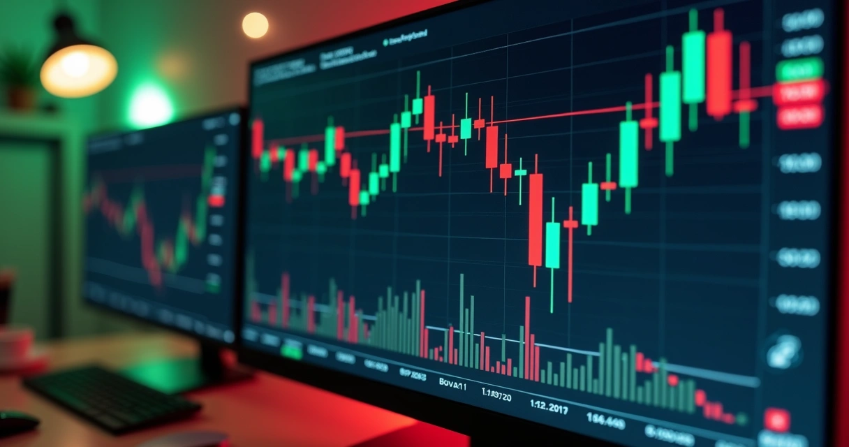 Tela de computador com gráfico financeiro do Ibovespa em queda leve e cotações do BOVA11 