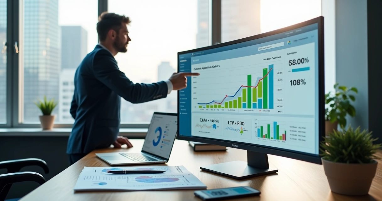 Executivo analisando gráfico de CAC em dashboard de marketing 