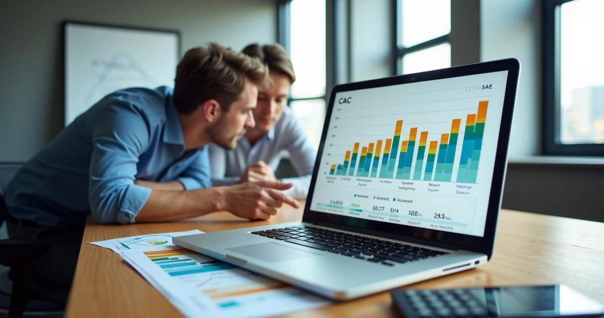 Gráfico de CAC em tela de notebook com empreendedores analisando dados 