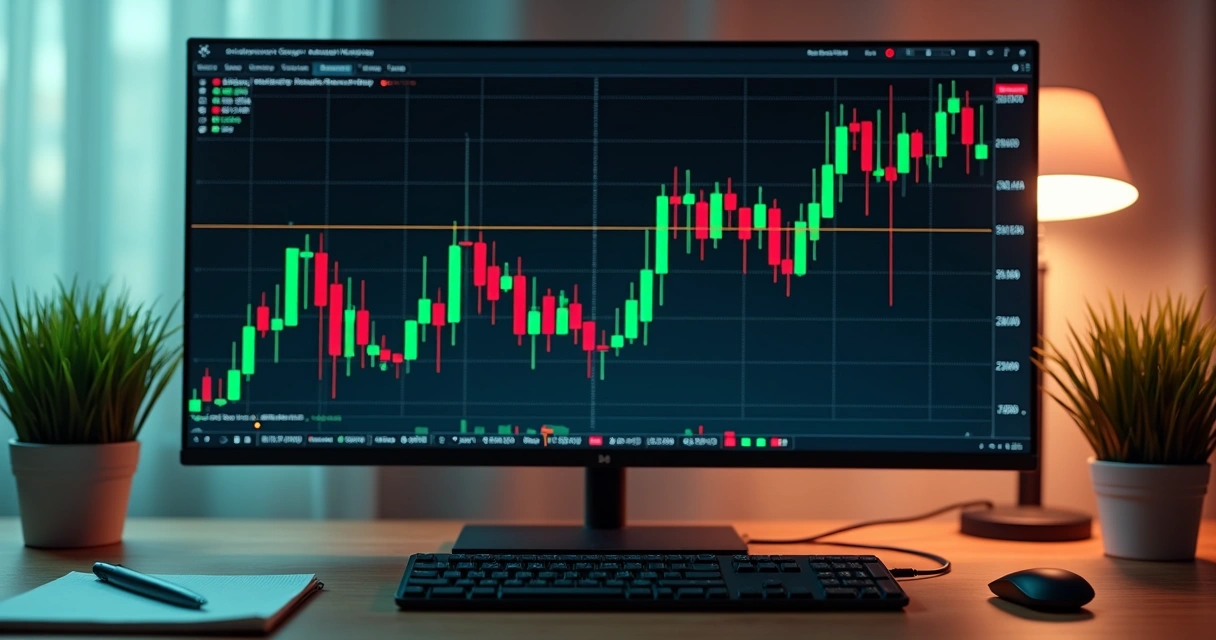 Gráfico de candlesticks verdes e vermelhos em tela de computador mostrando movimentação de preços 