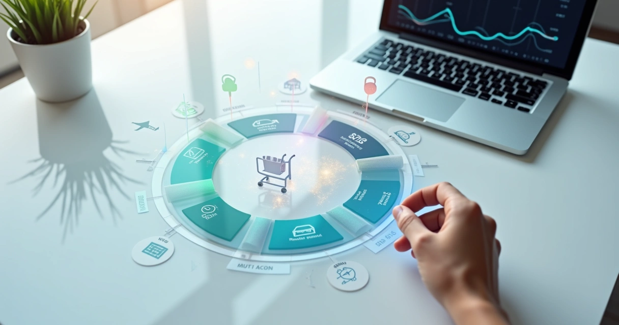 Mão organizando gastos em gráfico de categorias coloridas conectadas ao Open Finance 