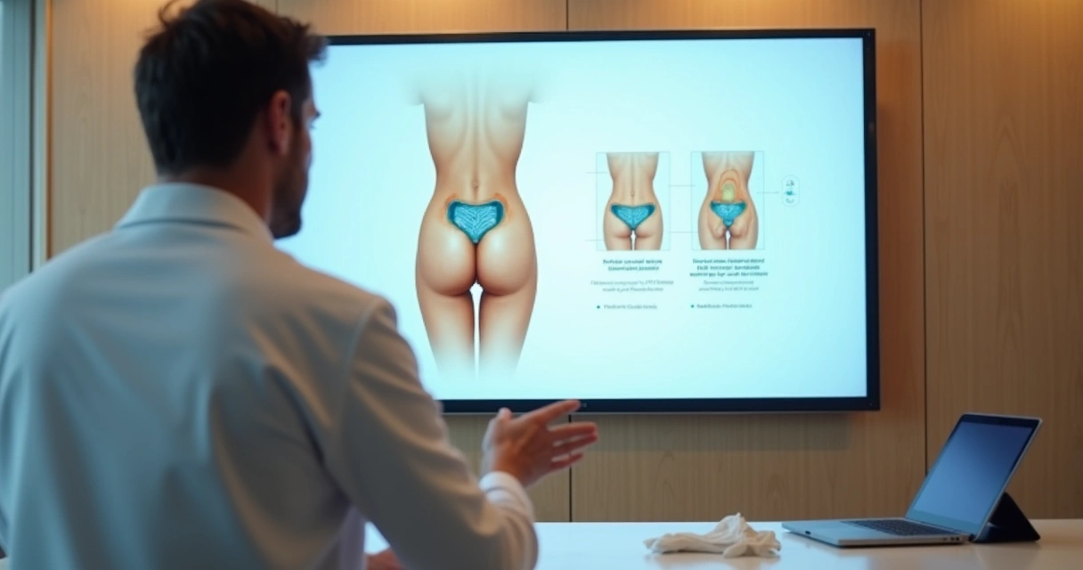 Painel médico mostrando ilustração discreta de cisto pilonidal recorrente na base da coluna 