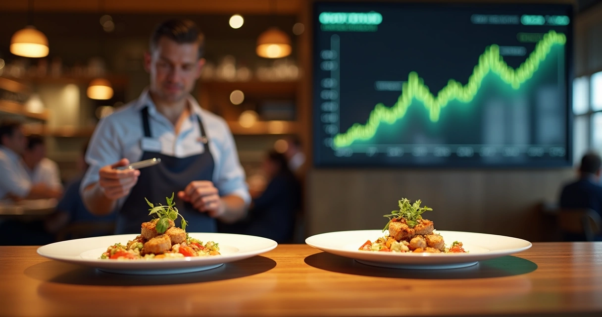 Gestor de restaurante compara dois pratos idênticos diante de um gráfico de lucro em ascensão 