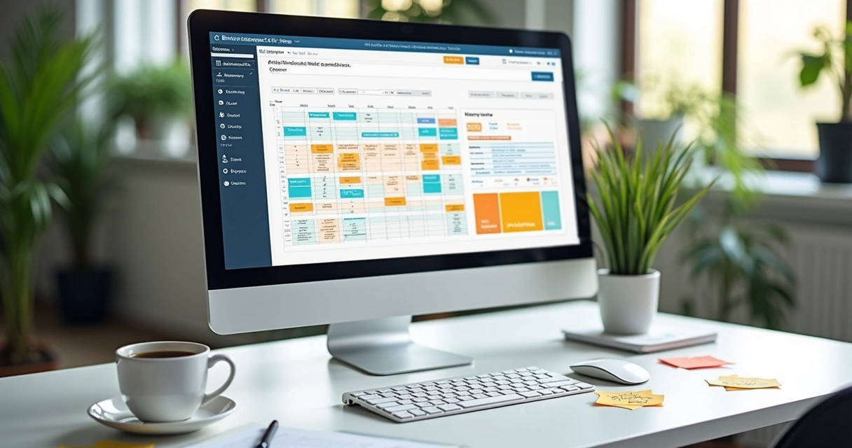 Tela de computador mostrando calendário editorial e gráficos de desempenho 