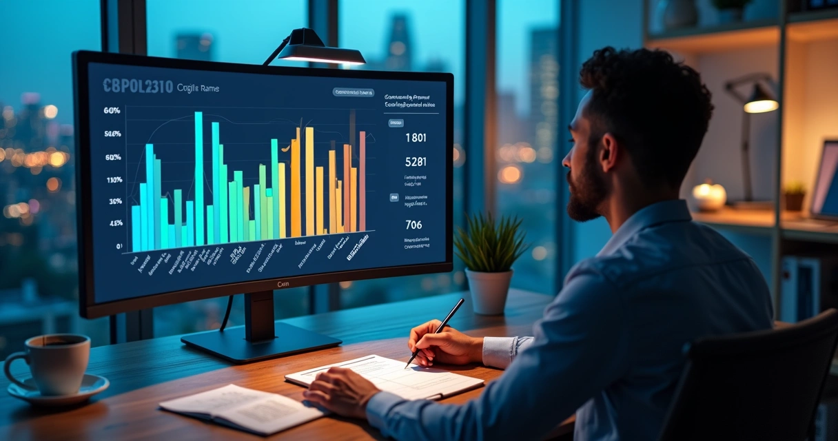 Profissional analisando gráfica de taxas de conversão de landing pages por setor 