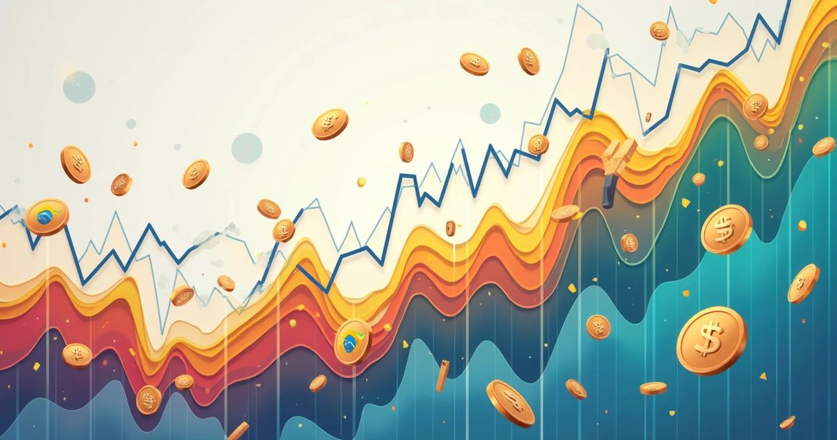 Gráfico colorido de cotações subindo e descendo com moedas ao redor 