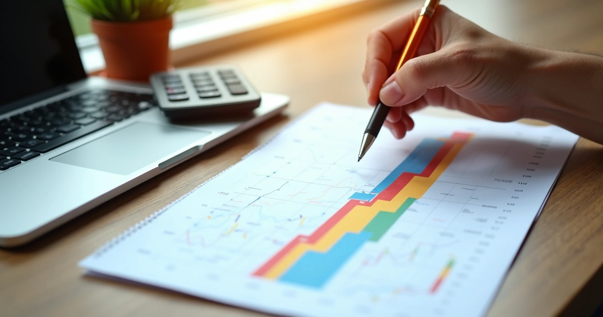 Gráfico de crescimento financeiro e mão segurando caneta 