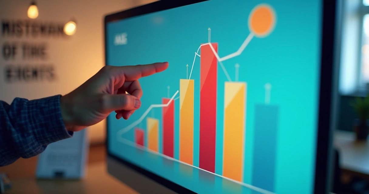 Gráfico de barras crescendo na tela enquanto uma mão aponta para o topo 
