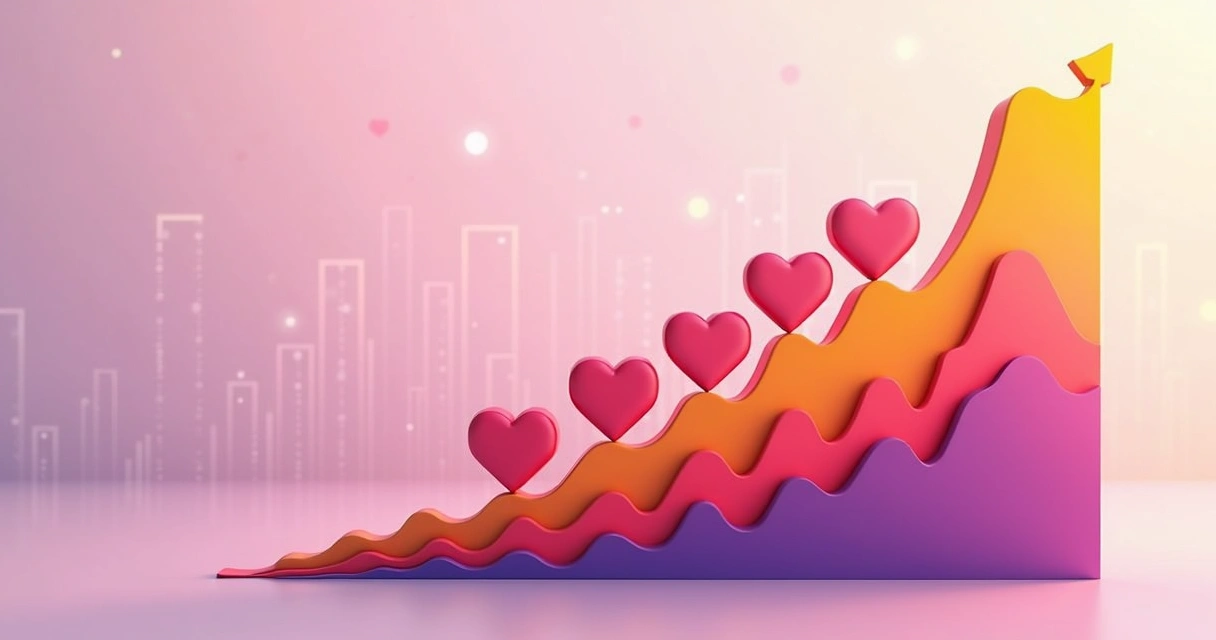 Gráfico colorido de crescimento de engajamento no Instagram com ícones de coração 