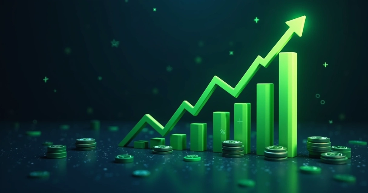 Gráfico financeiro crescente com setas verdes em fundo escuro e símbolos relacionados a finanças 