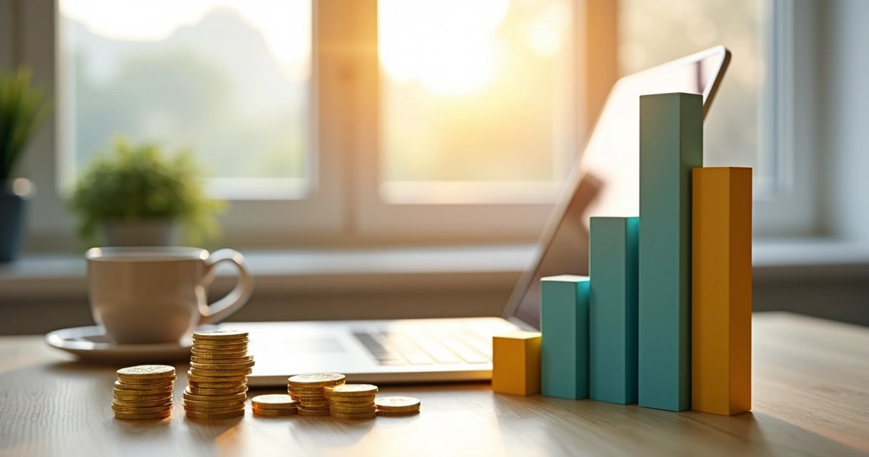 Gráfico de barras colorido subindo ao lado de moedas douradas 