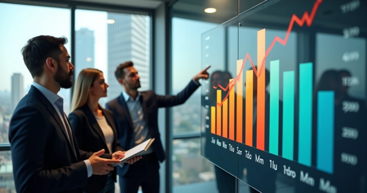 Gráfico colorido mostrando crescimento de vendas ao longo de meses 