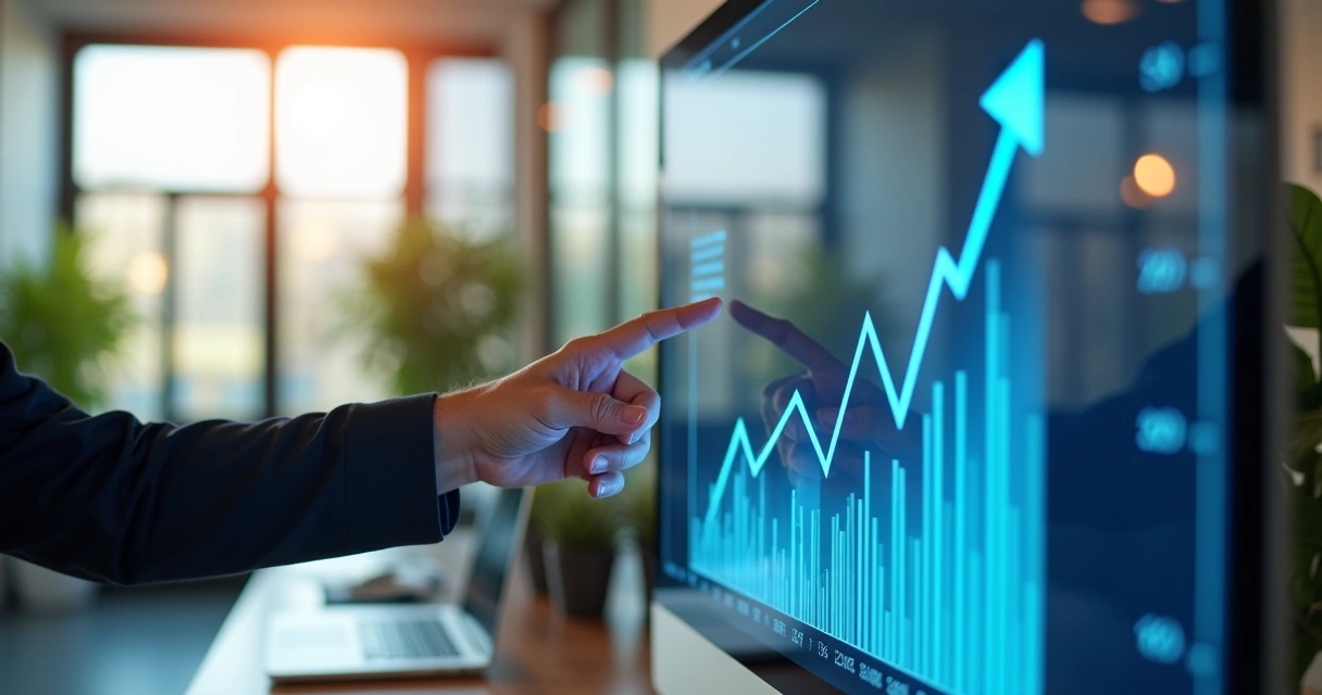Gráfico digital de crescimento em tela com pessoa apontando resultado crescente