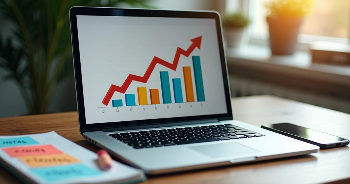 Gráfico apontando crescimento em um notebook com caderno e celular ao lado