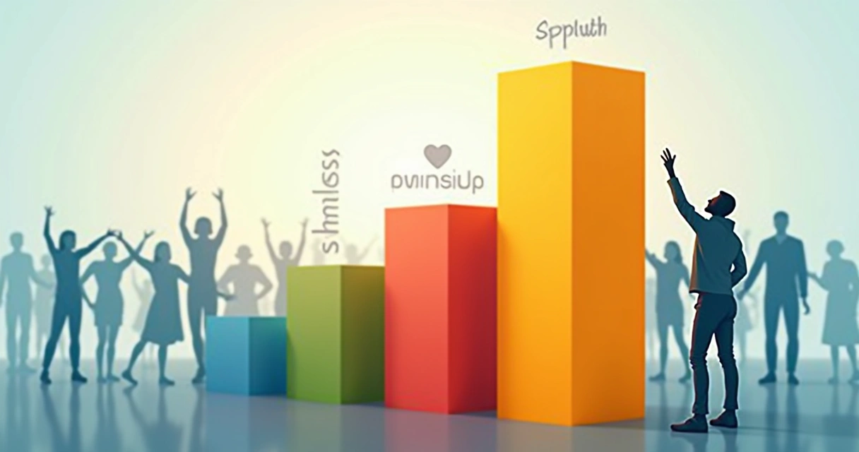 Gráfico de barras coloridas representando crescimento de valores humanos, ao fundo pessoas celebrando juntos 