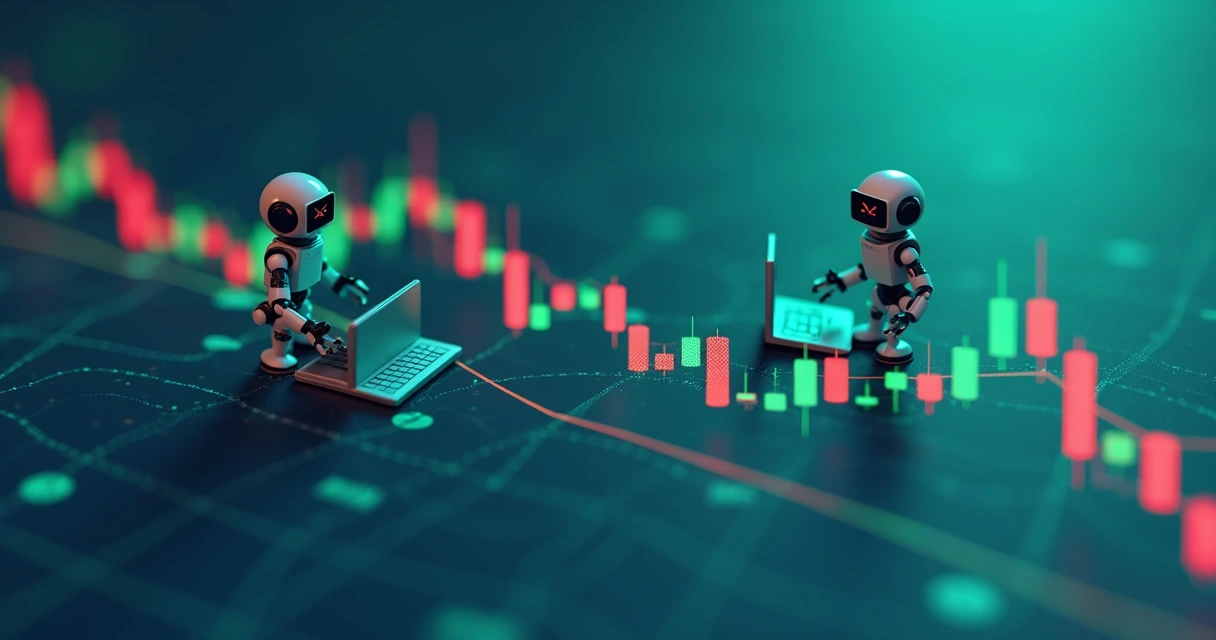 Gráfico de criptomoeda com linhas representando lateralização e robôs analisando 