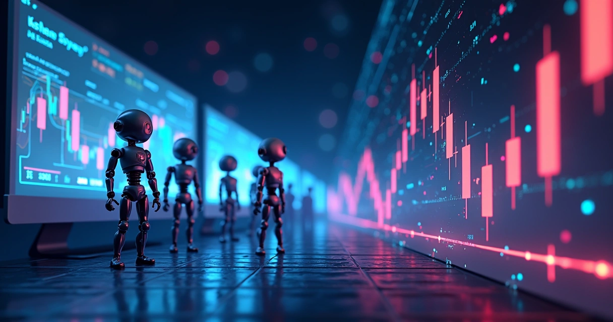 Gráfico de criptomoeda e robôs de trading analisando dados 