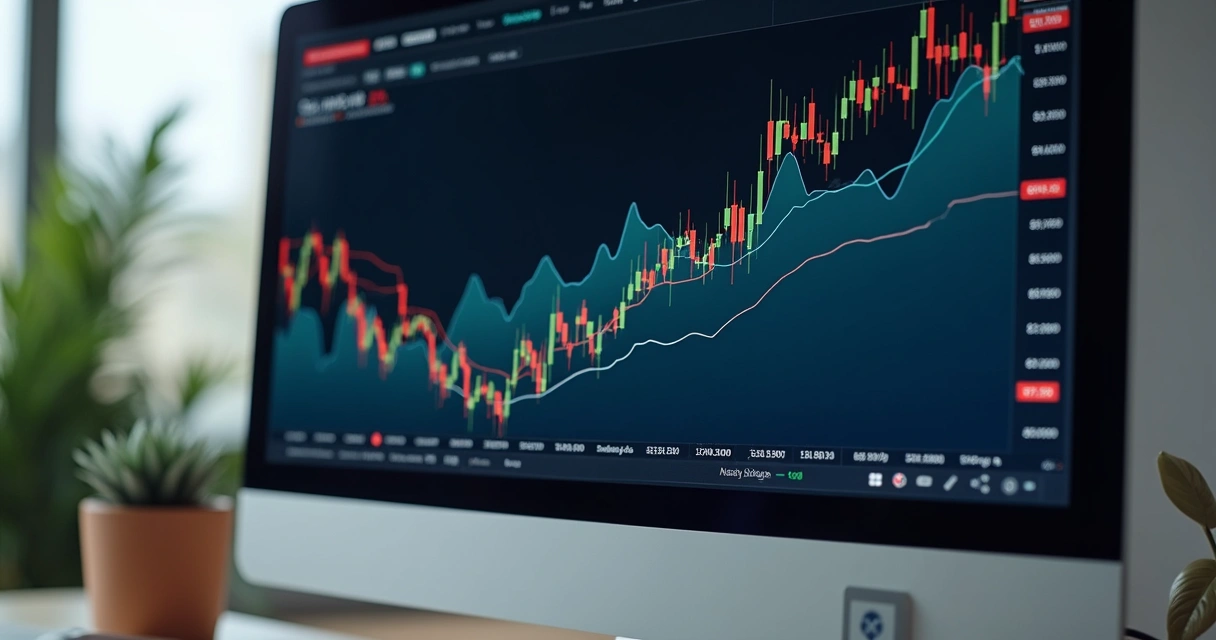 Gráfico digital de valorização de criptoativos em tela de computador 