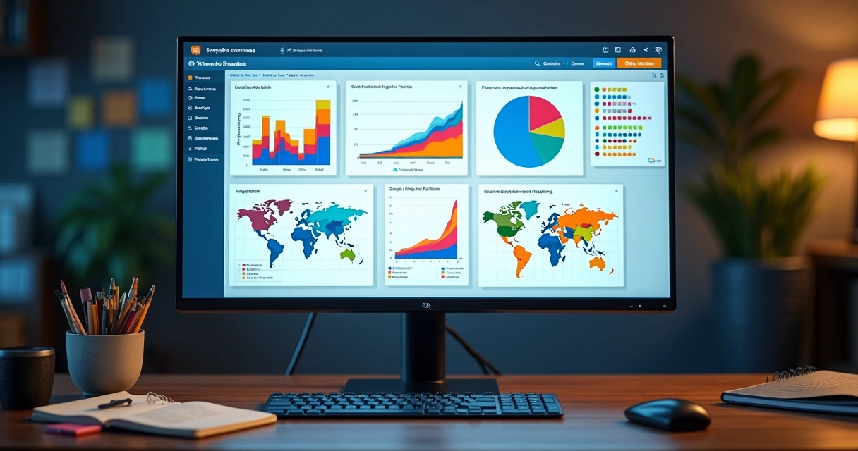 Dashboards coloridos com gráficos de barras e pizza em monitor widescreen 