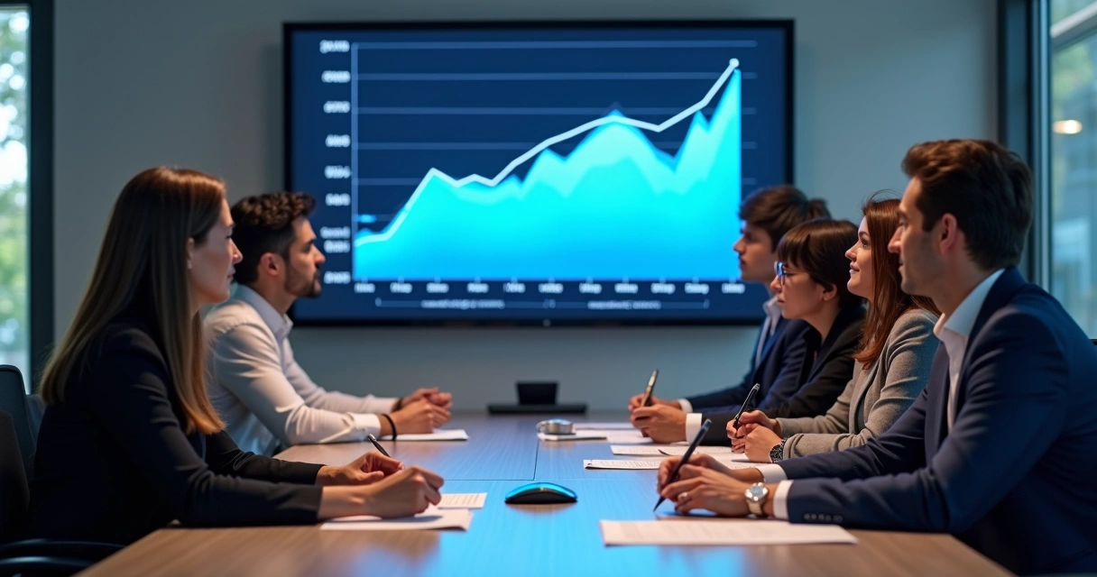 Linha azul mostrando tendência de vendas ao longo do tempo, com pessoas analisando o gráfico