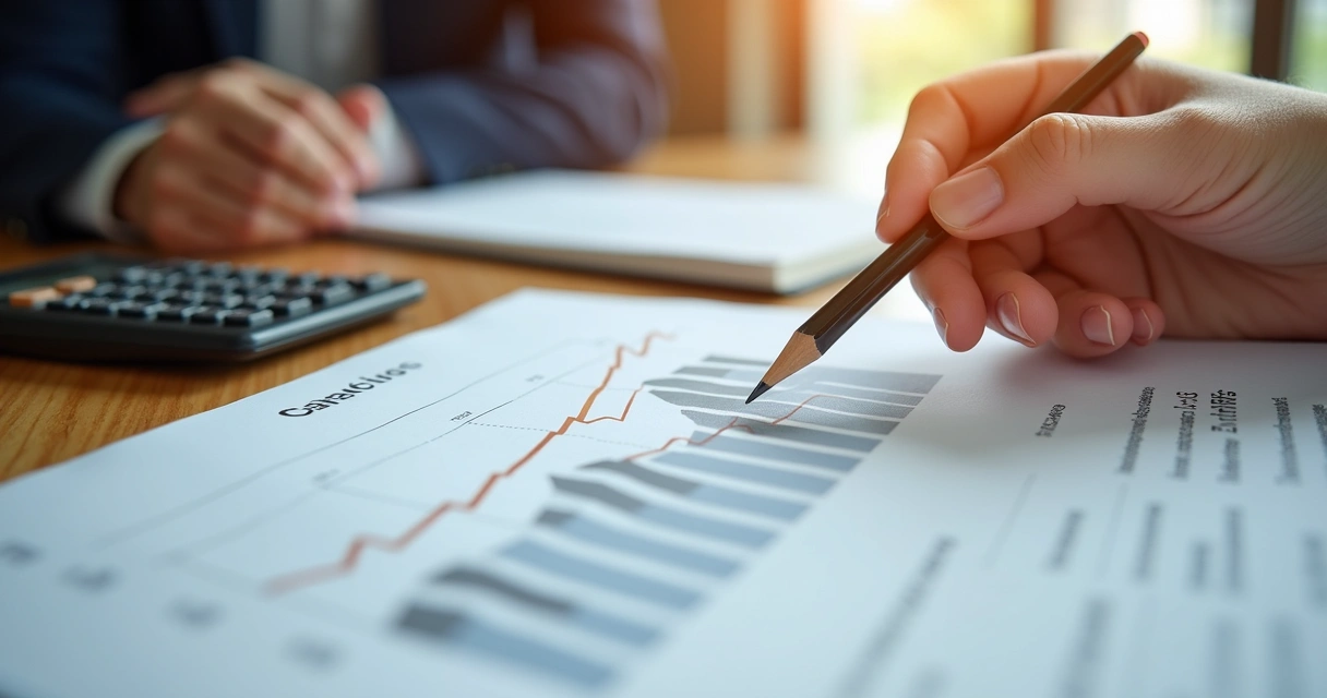 Mão segurando lápis apontando para gráfico com tendência de crescimento 