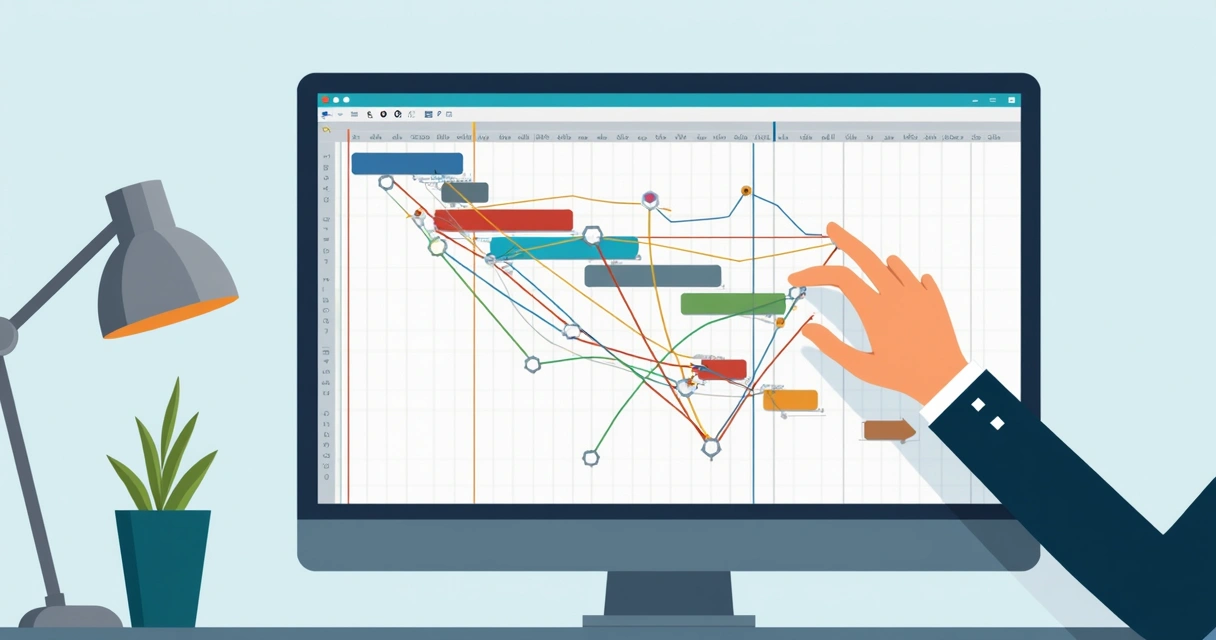 Gráfico de dependências de projeto com setas mostrando tarefas ligadas de forma cruzada. 
