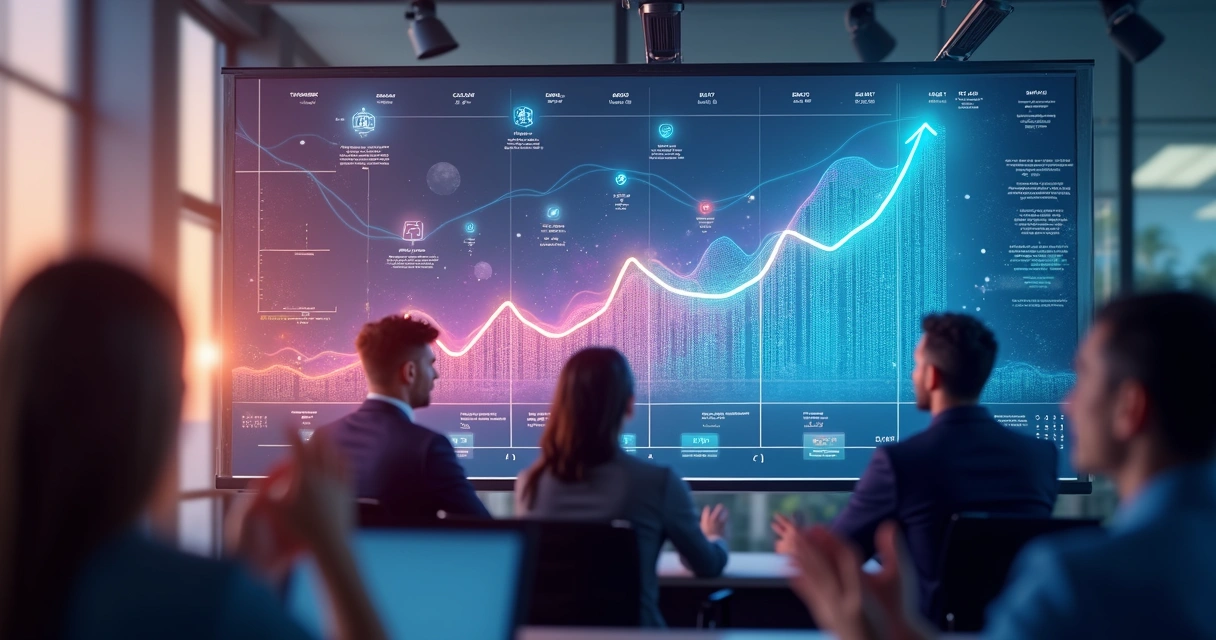 Gráfico de linhas coloridas em tela digital mostrando crescimento constante de desempenho 