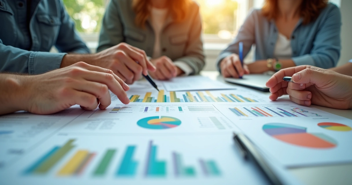 Gráfico de despesas colorido na mesa com pessoas analisando