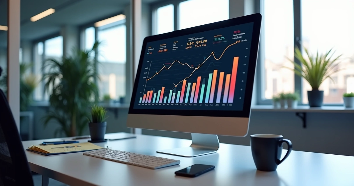 Computador com gráficos de marketing digital e painéis de análise de dados. 