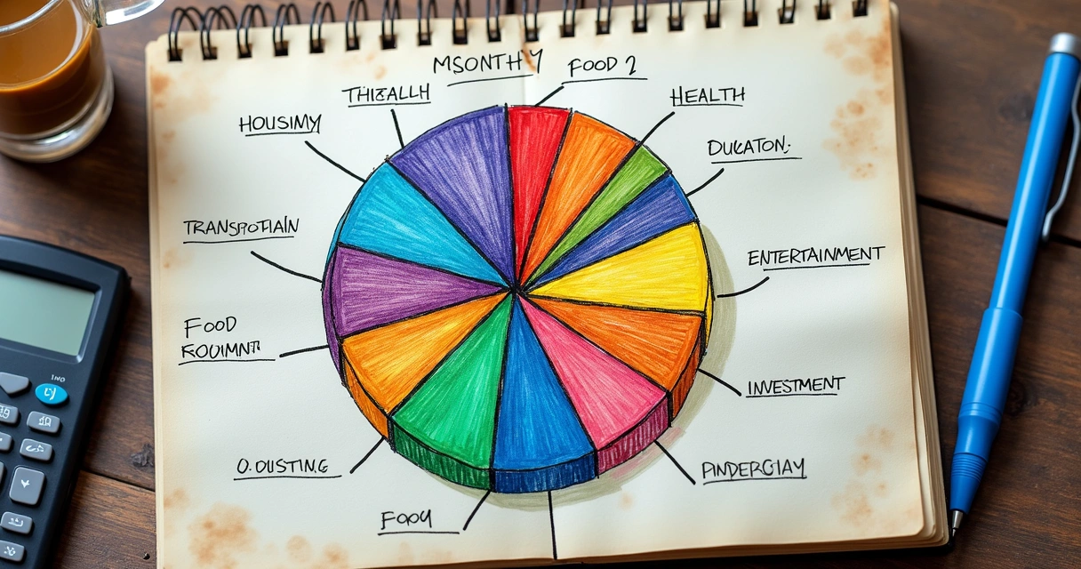 Distribuição de orçamento mensal em gráfico de pizza com categorias e percentuais 