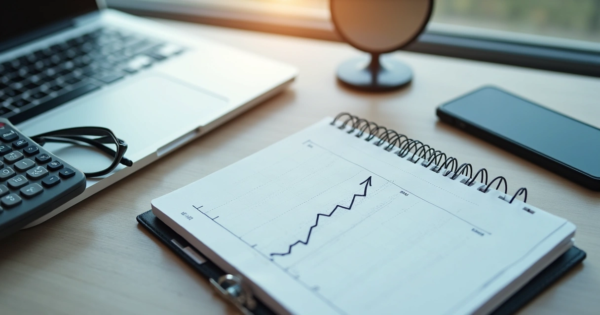 Caderno com gráfico financeiro ao lado de espelho pequeno 
