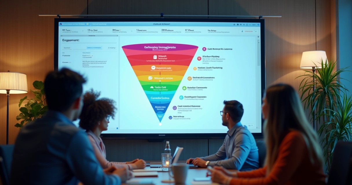 Gráfico colorido de engajamento ao longo do funil de vendas B2B. 