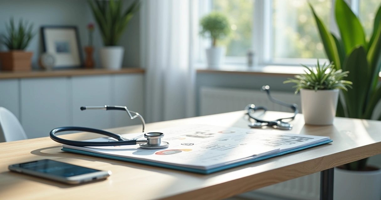 Gráfico de engajamento do Instagram em painel ao lado de notebook em mesa de clínica médica 