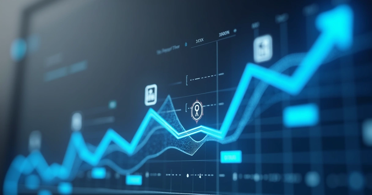 Gráfico digital subindo, com ícones de reuniões e LinkedIn no fundo
