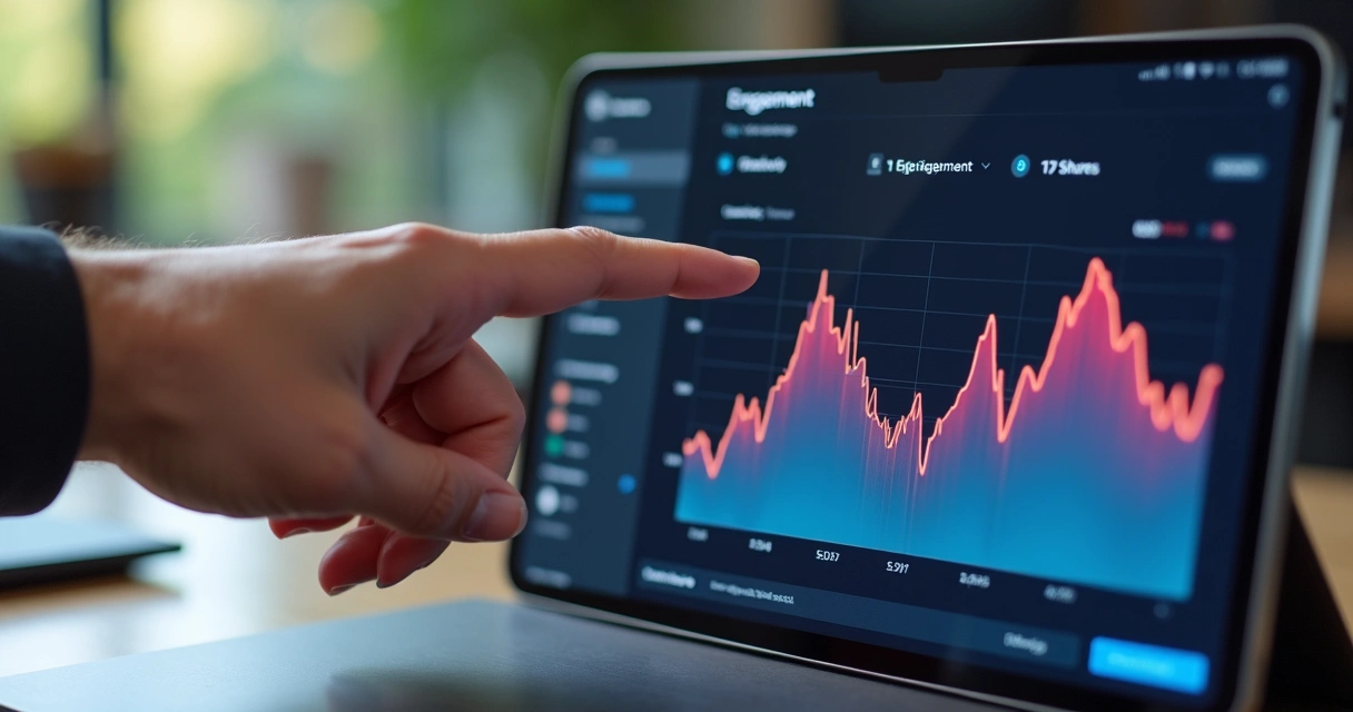 Mão apontando para gráfico de engajamento em tela de tablet 