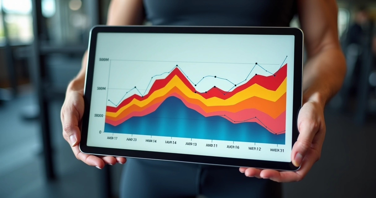 Gráfico colorido mostrando progresso de carga e repetições ao longo das semanas