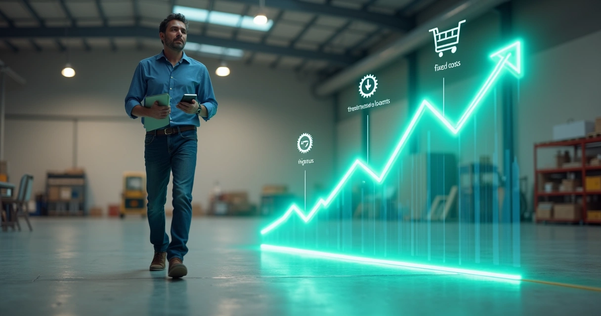 Gráfico de receita crescente saindo da cabeça de dono de PME caminhando por galpão vazio 