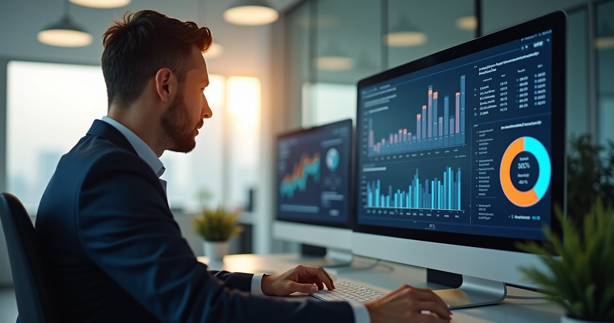 Como funciona a tributação de royalties nos EUA em 2026 2 Gráfico de impostos sobre royalties na tela e empresário analisando dados