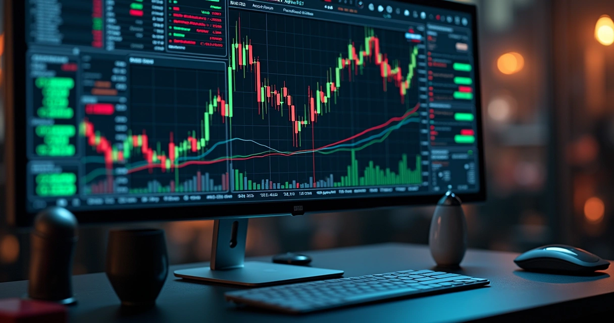Tela de computador exibindo gráfico detalhado do mercado Forex com moedas principais e indicadores financeiros coloridos 